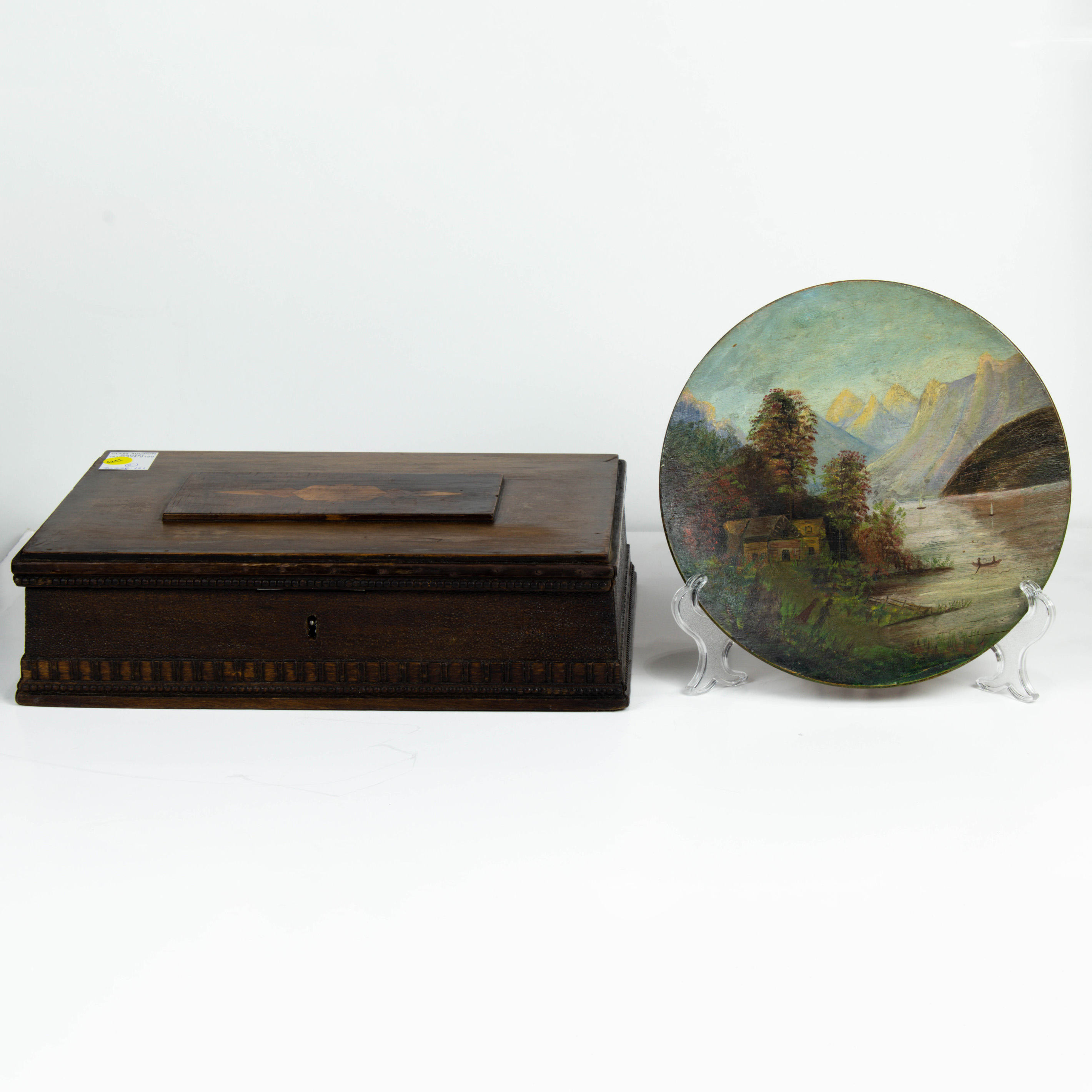 Appraisal: LOT OF INLAID WOOD TABLE BOX AND PAINTED WOOD PLATE