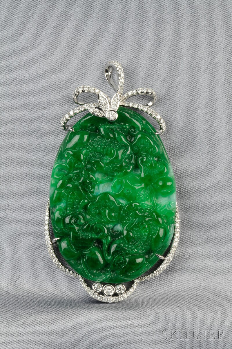 Appraisal: kt White Gold Carved Jade and Diamond Pendant set with