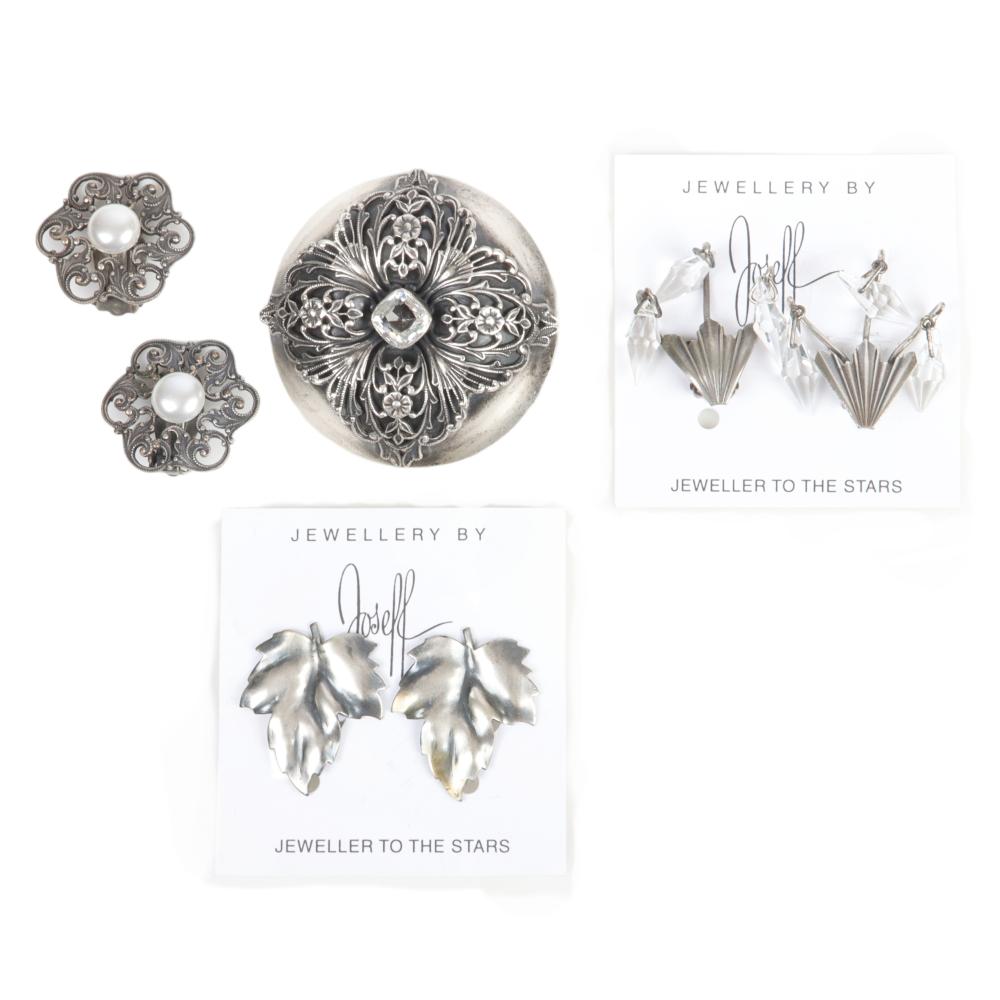 Appraisal: JOSEFF OF HOLLYWOOD SILVER TONE PC JEWELRY GROUP DIAM BROOCH