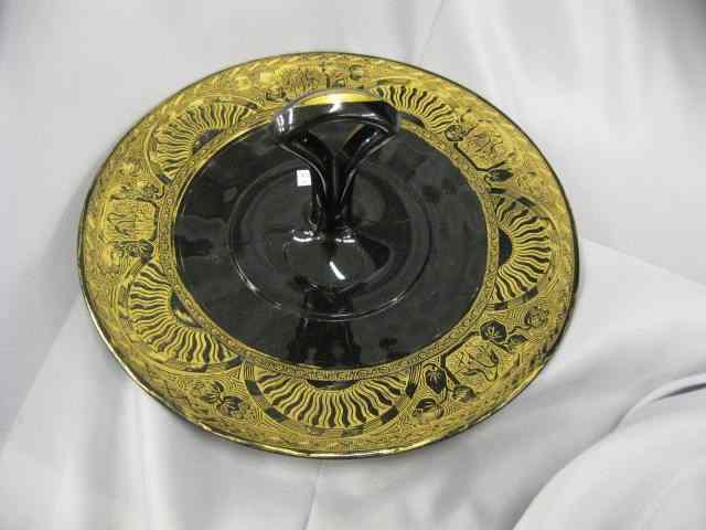 Appraisal: Black Amethyst Glass Dessert Tray gold encrusted deco border center