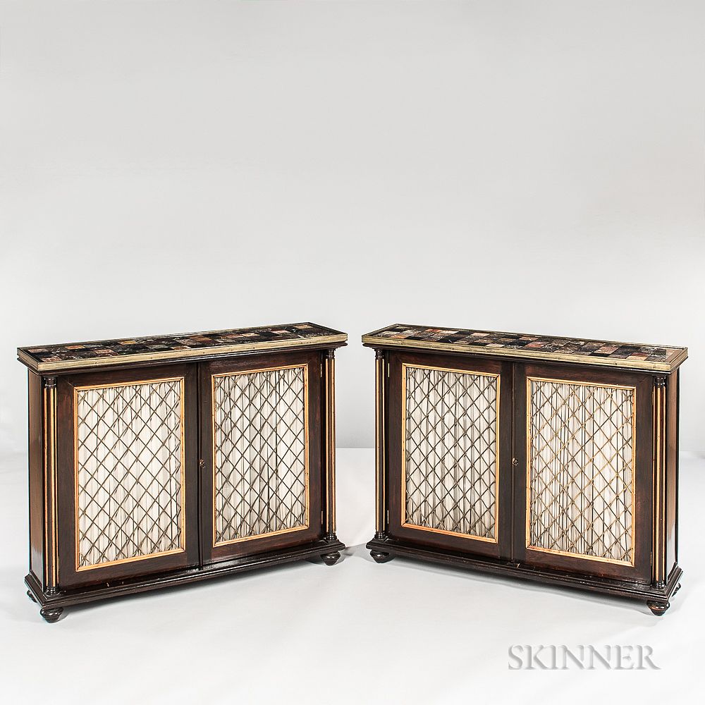 Appraisal: Pair of Regency-style Ebonized Wood Marble-top Consoles Pair of Regency-style