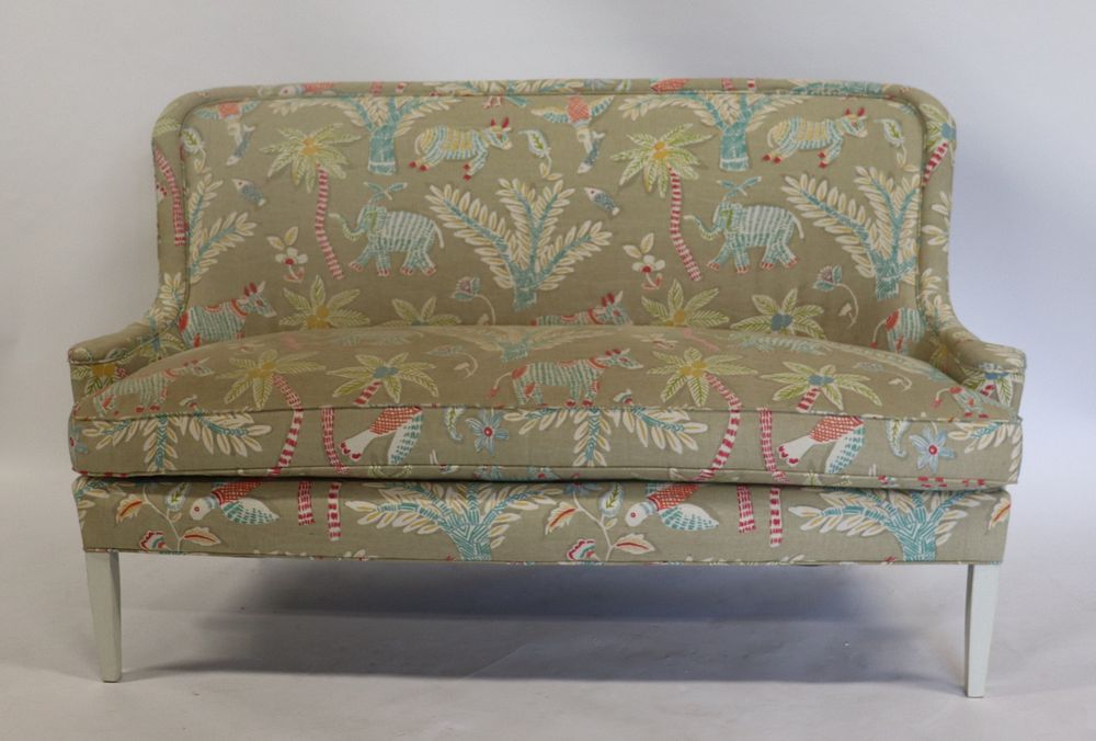 Appraisal: Thibaut Signed Upholstered Settee Nice quality with great animal fabric