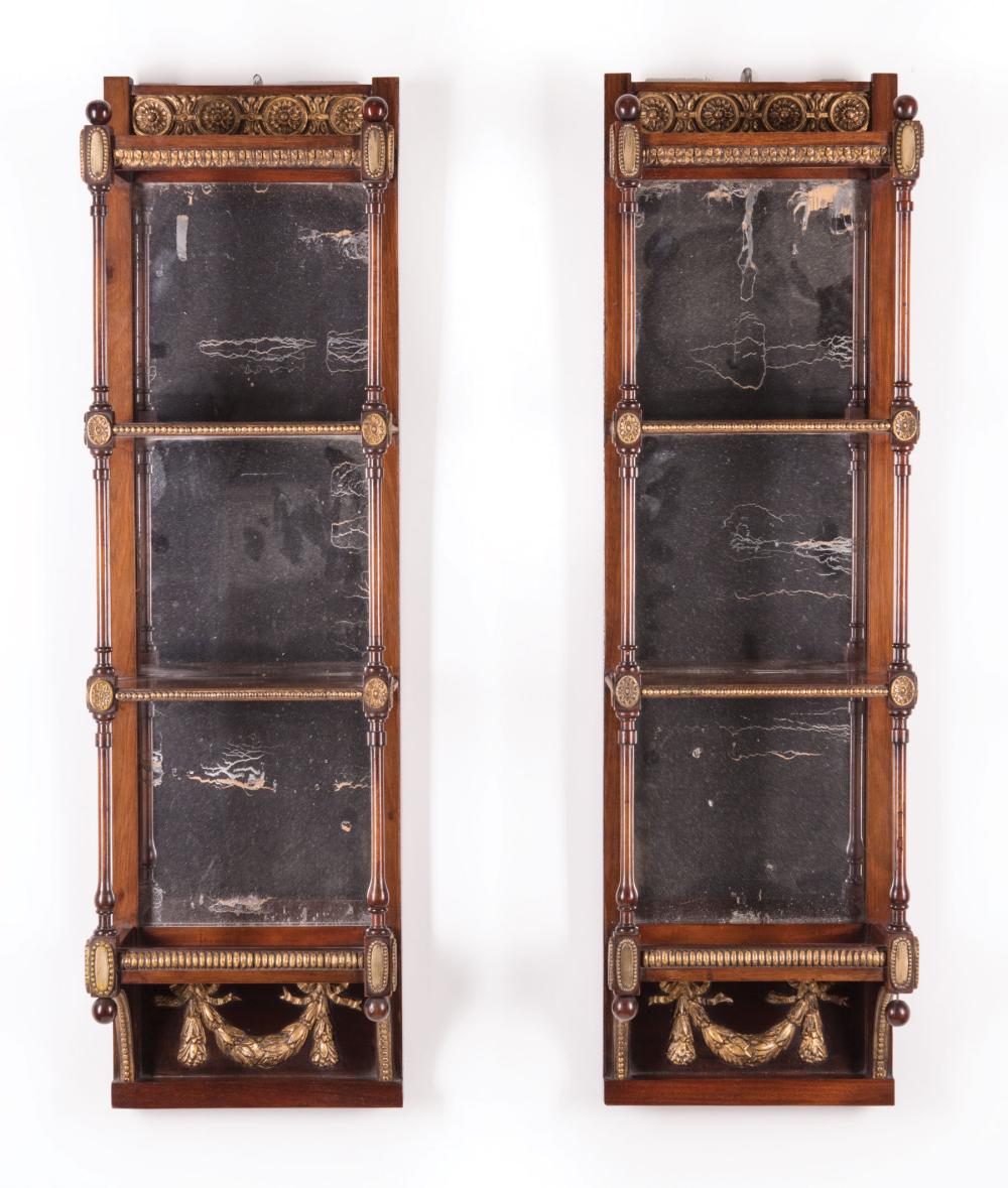 Appraisal: Pair of Antique Regency-Style Carved and Gilt Mahogany What-Not Shelves