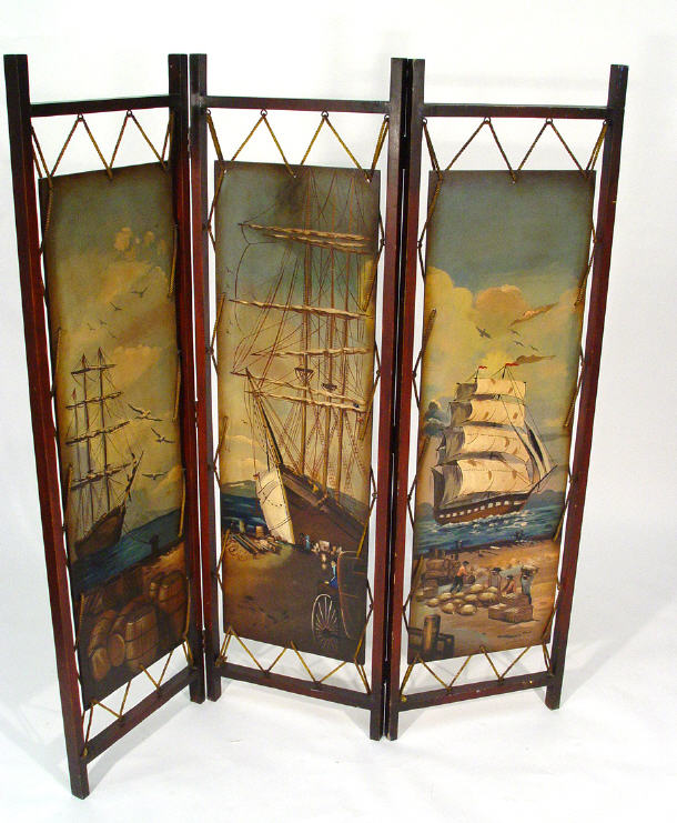 Appraisal: Mahogany framed three section screen with hand painted nautical design