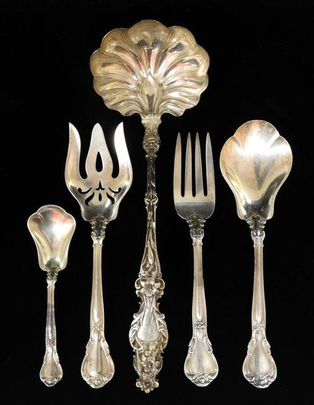 Appraisal: STERLING Five sterling silver serving utensils details include Whiting Lily