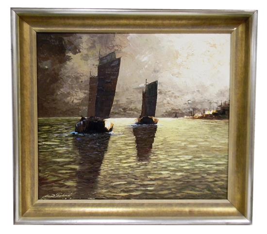 Appraisal: th C oil on canvas Elbausfahrt depicts two sailboats in