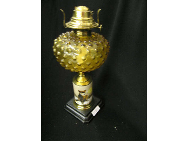 Appraisal: Victorian Oil Lamp handpainted owl base hobnail amber top