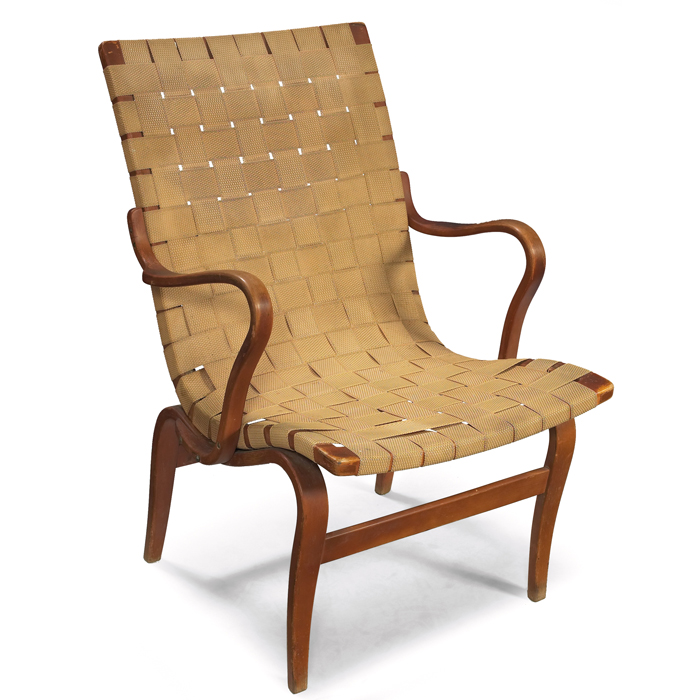 Appraisal: Bruno Mathsson lounge chair beech frame replaced straps original finish