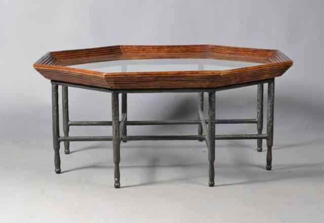 Appraisal: An Iron Wood and Beveled Glass Octogonal TableThe octogonal top