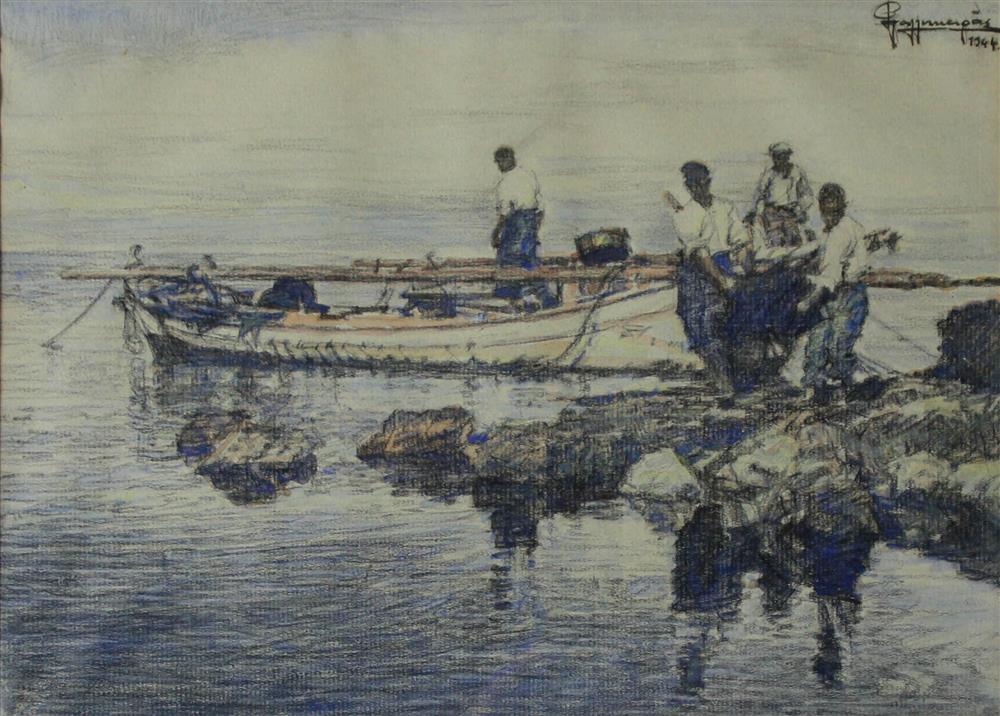 Appraisal: FISHERMEN Watercolor on paper x in sight Framed upper right