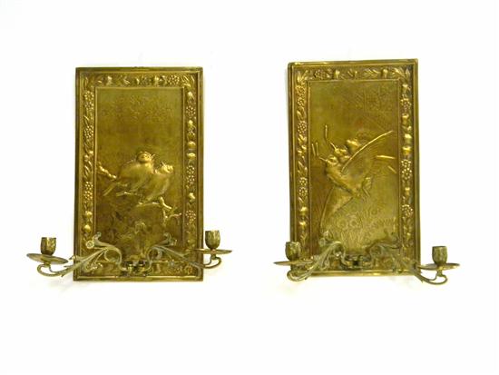 Appraisal: Pair brass wall sconces with bird and floral repousse motif