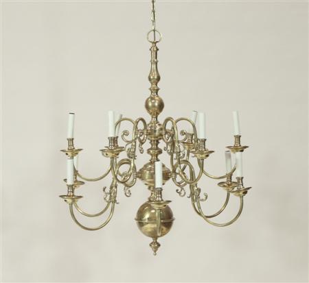 Appraisal: A Dutch style twelve branch chandelier the stepped bulbous column