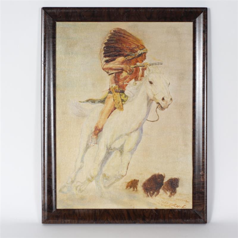 Appraisal: Oil on canvas of Plains Indian brave hunting buffalo signed