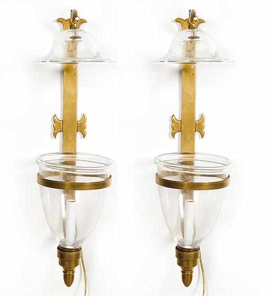 Appraisal: Pair brass and glass wall sconces strap-form backplate issuing candlearm