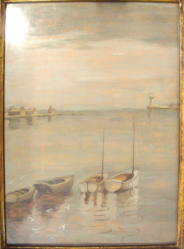 Appraisal: Oil onto panel of boats moored in a harbour cm