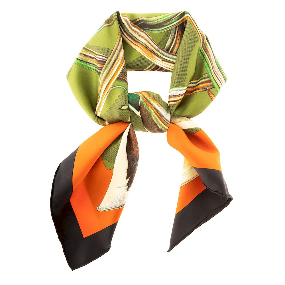 Appraisal: An Hermes Trompes de Chasse Silk Scarf Green orange and