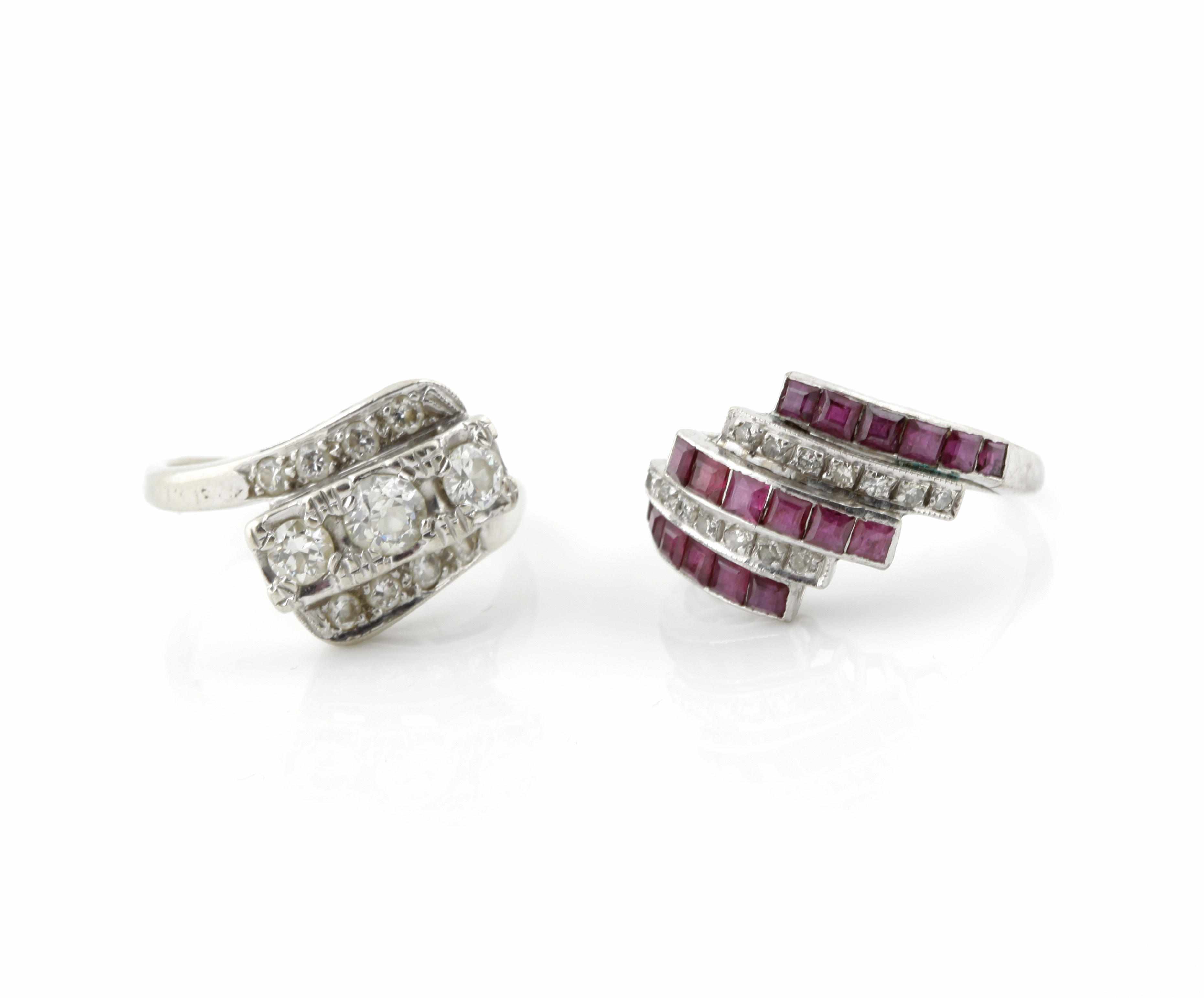 Appraisal: A group of diamond ruby and white metal rings