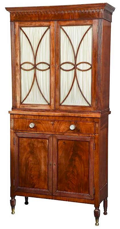 Appraisal: Federal Mahogany Bookcase Cabinet th century glazed doors with fretwork