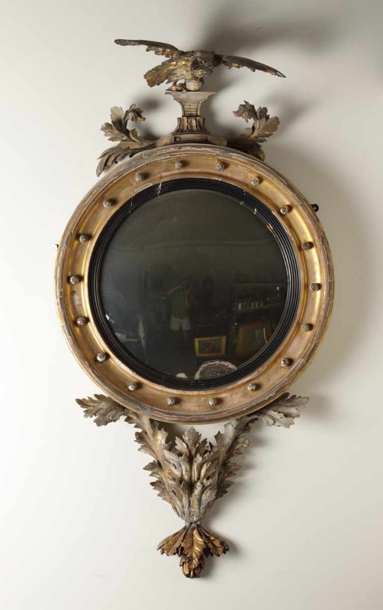 Appraisal: Carved Convex Mirror w Eagle Acanthus Leaves Condition Loss wear