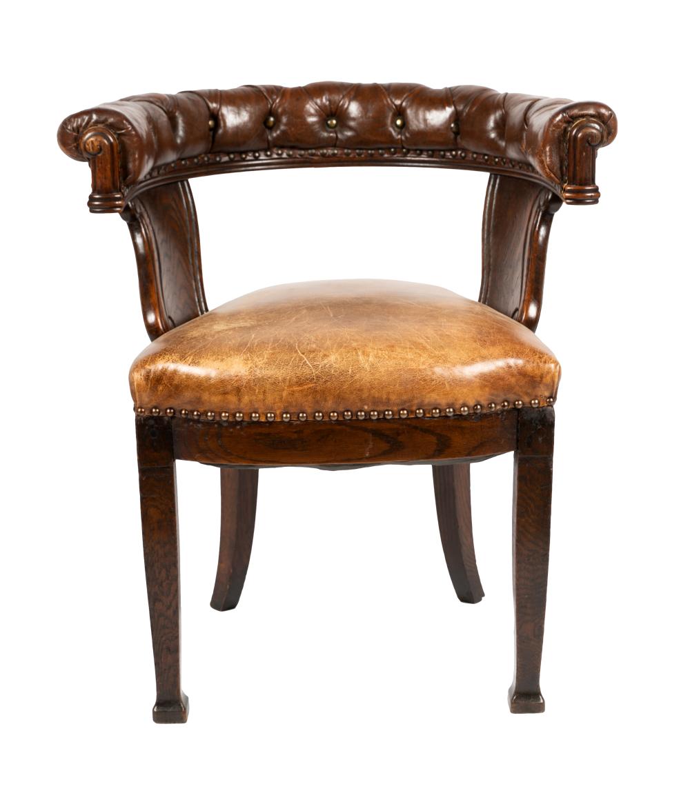 Appraisal: GEORGIAN OAK BARREL CHAIRwith later leather upholstery and nailhead trim