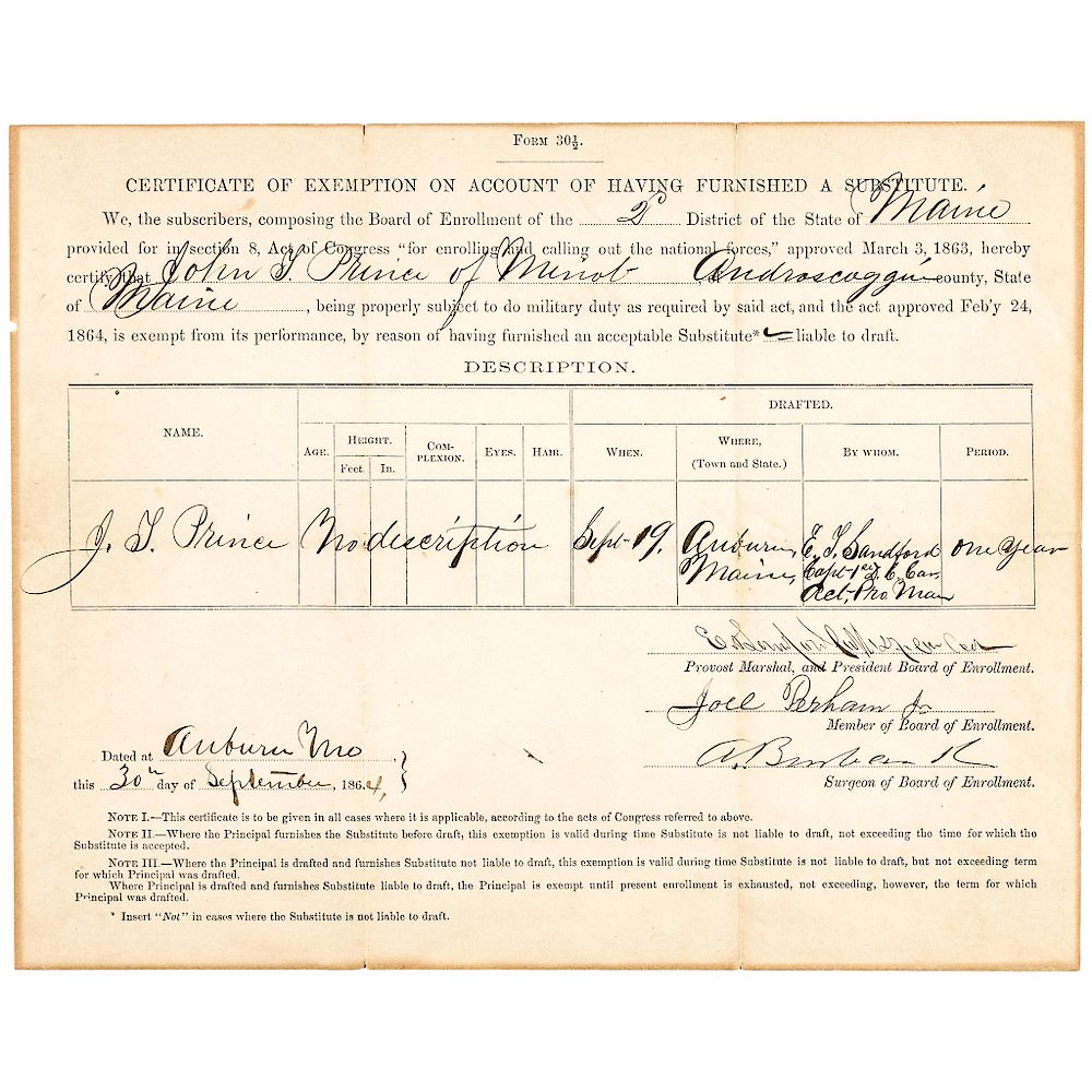 Appraisal: Civil War Military Certificate of Exemption having Furnished a Substitute