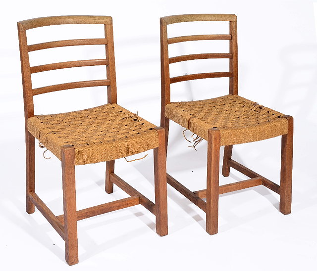 Appraisal: Set of four Heals light oak dining chairscirca with curved