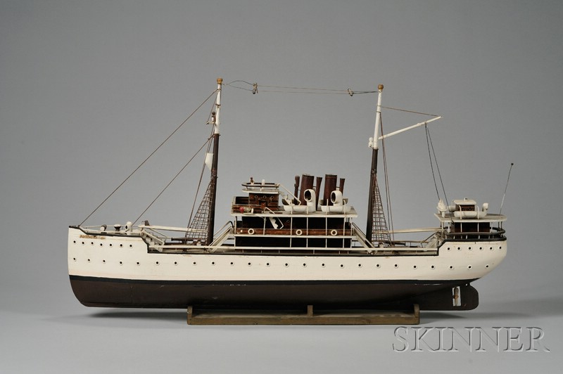 Appraisal: Folk Painted and Parquetry Decorated Wooden Steam Ship Model Anthony