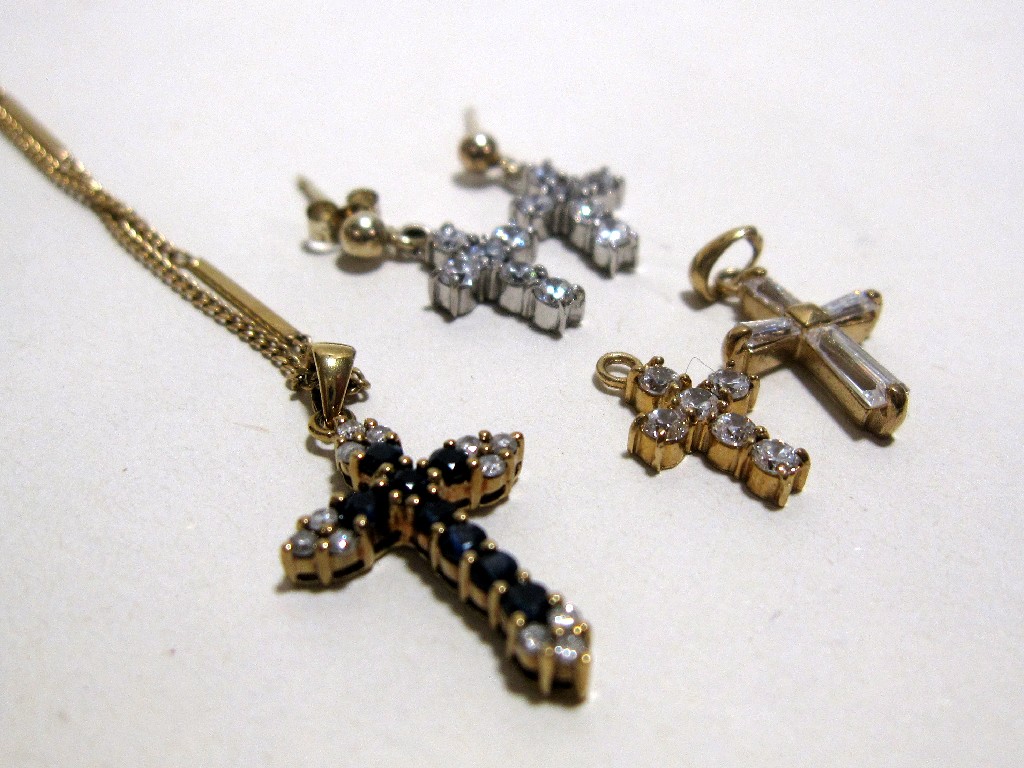 Appraisal: Lot comprising ct gold sapphire and diamond set cross pendant