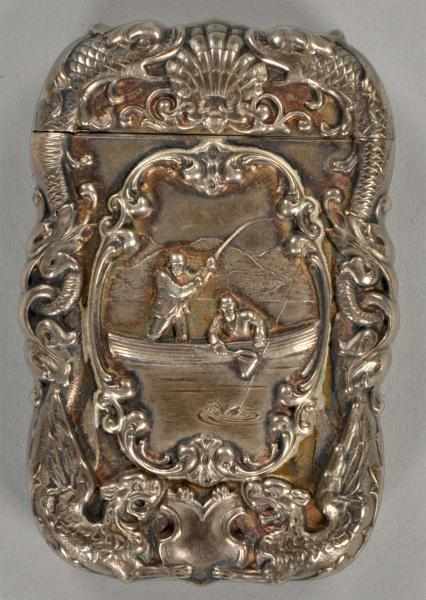 Appraisal: Fishing Scene with Gargoyles Match Holder Inscription on back and