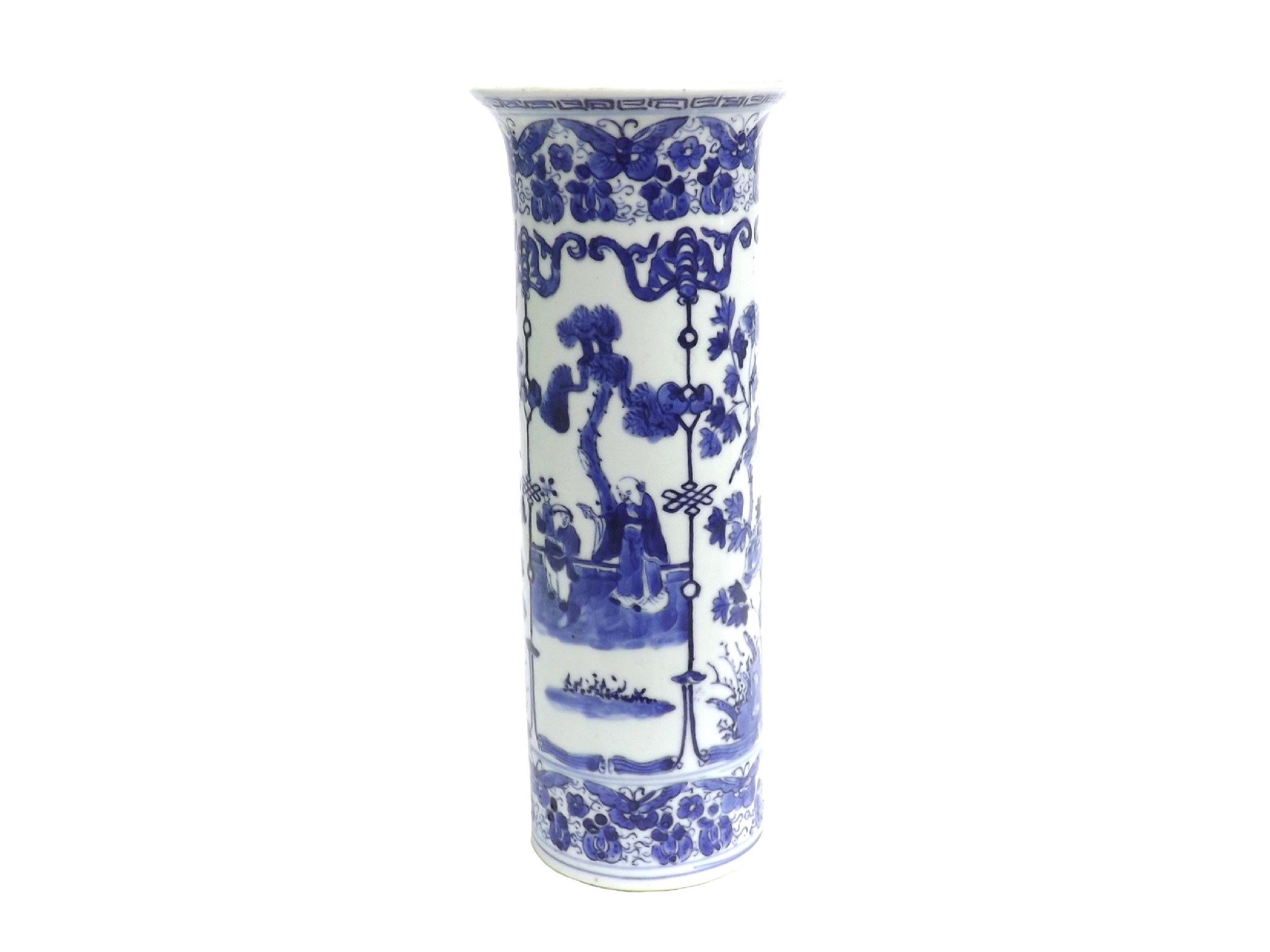 Appraisal: Chinese blue and white porcelain cylinder vase decorated with figures