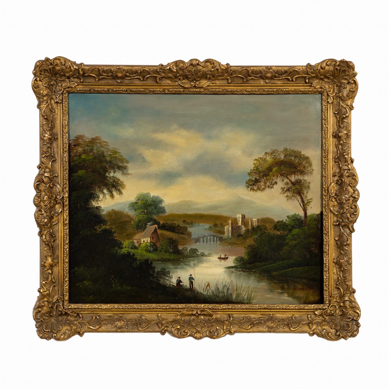 Appraisal: ENGLISH SCHOOL RIVER LANDSCAPE WITH FISHING O C Robert Woodley-Brown