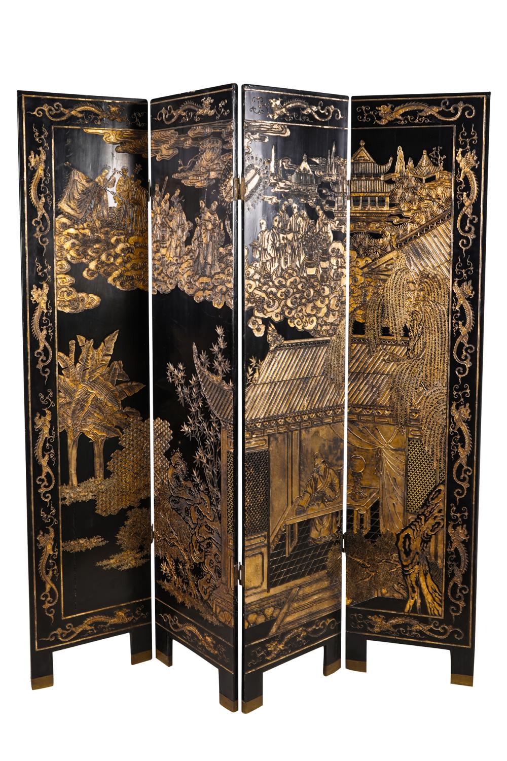 Appraisal: ASIAN LACQUERED FOUR-PANEL SCREENCondition with cracking and loss throughout x