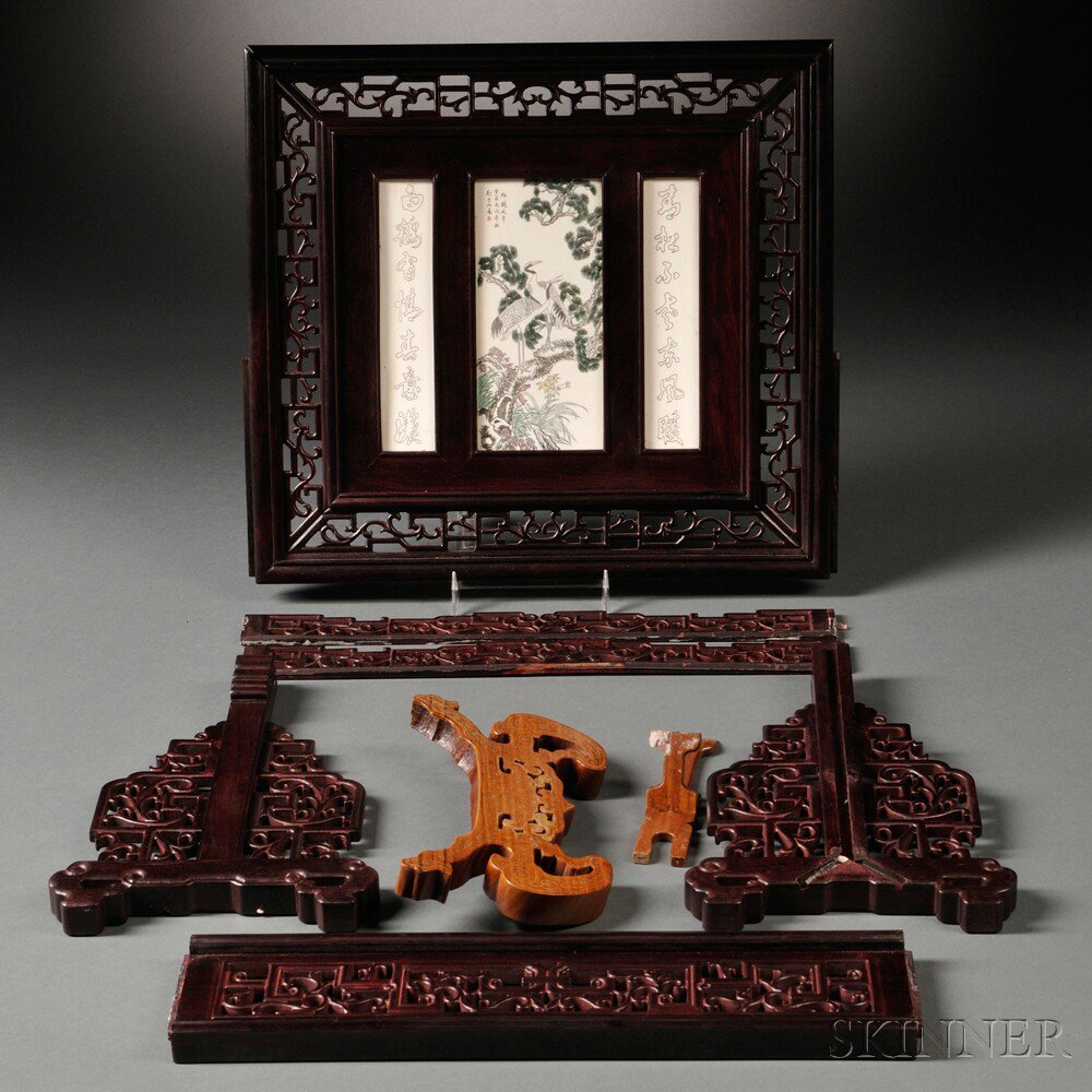 Appraisal: Openwork Wood Table Screen China th century holding three decorative