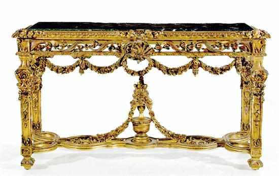 Appraisal: Louis XIV style carved giltwood and marbletop console green marble