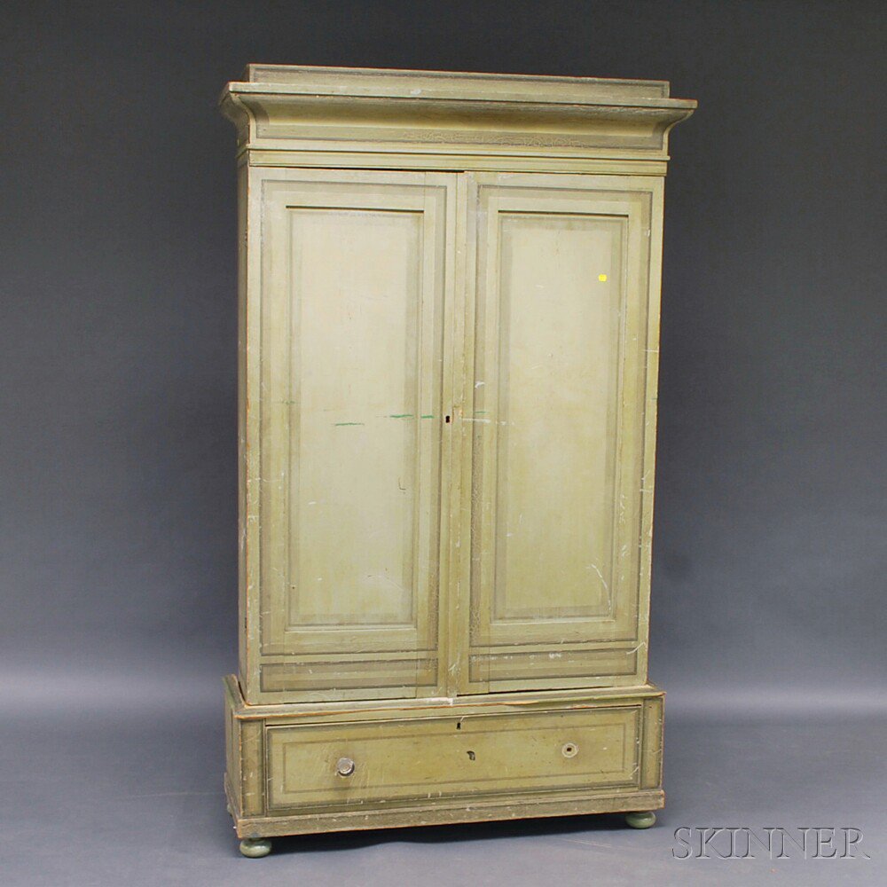 Appraisal: Green-painted Two-part Wardrobe with painted faux-panels throughout and two doors