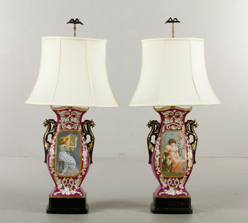 Appraisal: - Pr th C Paris Porcelain Lamps Pair of th