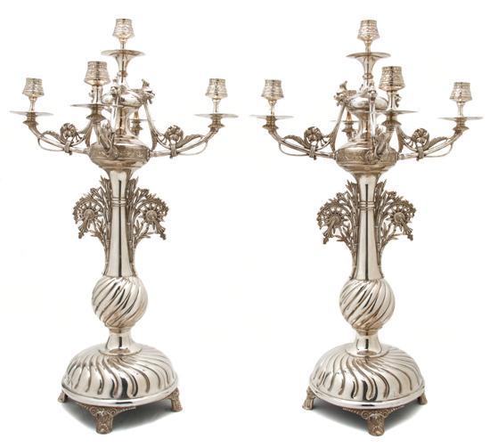 Appraisal: Pair of American Silverplate Five-Light Candelabra Meridian decorated in the