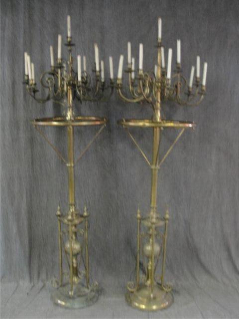 Appraisal: Pair of Brass Multi Arm Torchieres Candlebra Victorian From a