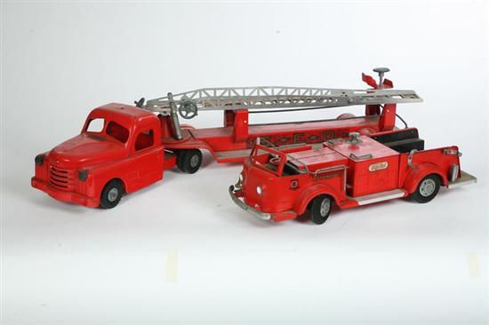 Appraisal: TWO TOY FIRE TRUCKS Both metal A Structo with ladder