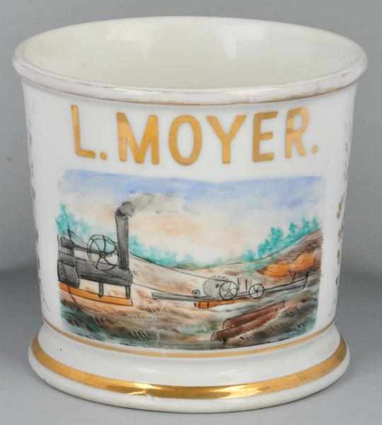 Appraisal: Steam-Powered Sawmill Shaving Mug Description Gilt name L Moyer Red