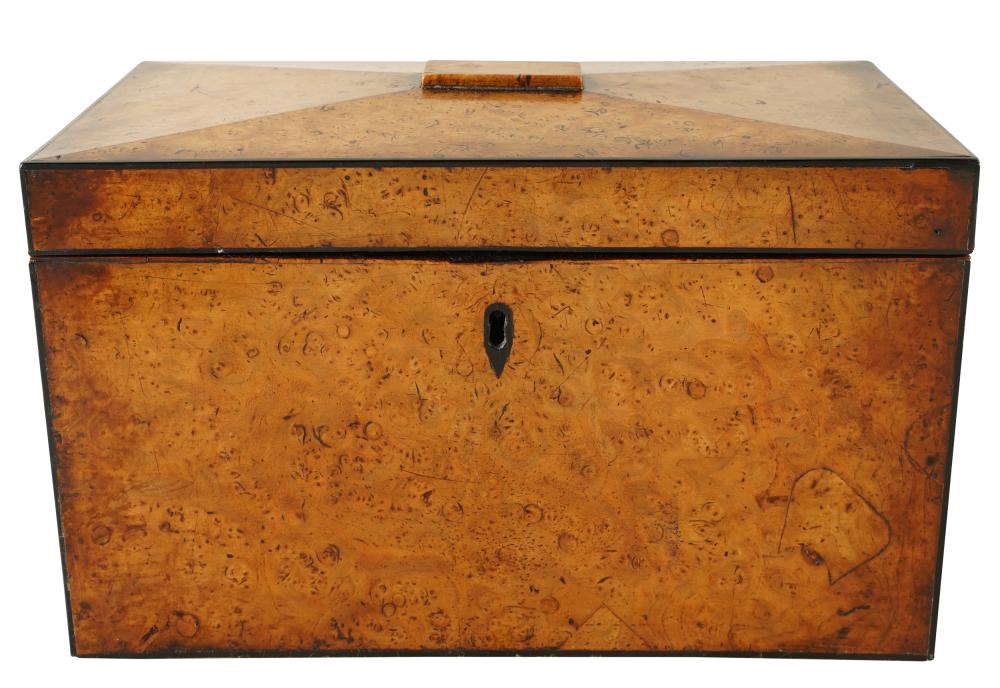 Appraisal: ENGLISH BURLWOOD SARCOPHAGUS-FORM TEA CADDYwith hinged and felt-lined cover Condition