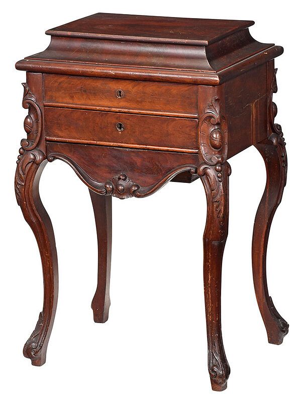 Appraisal: Victorian Carved Mahogany Lift Top Sewing Table American mid th