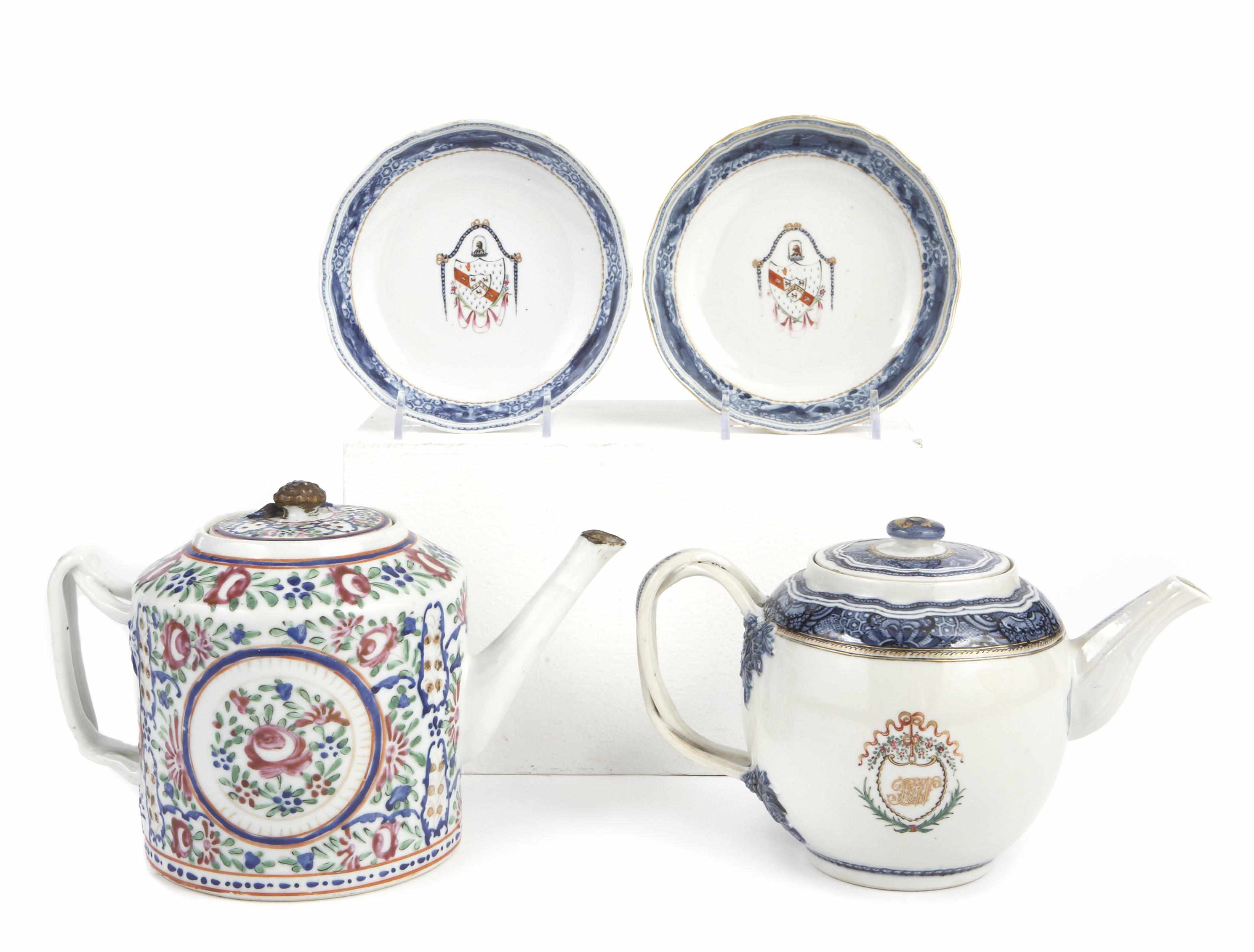 Appraisal: Two Chinese Export porcelain teapots and covers and two saucers