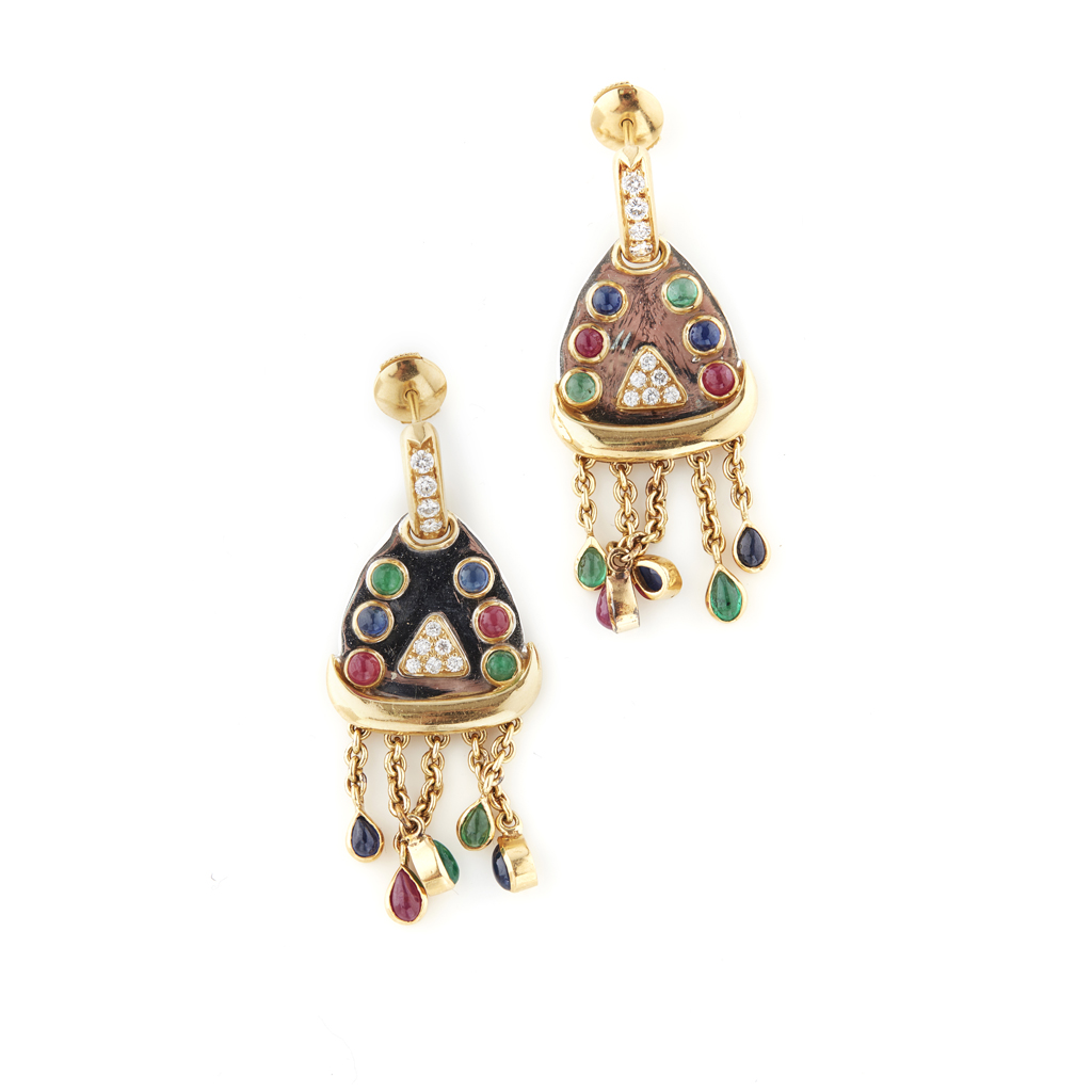 Appraisal: A pair of multi-gem set pendant earrings each composed of