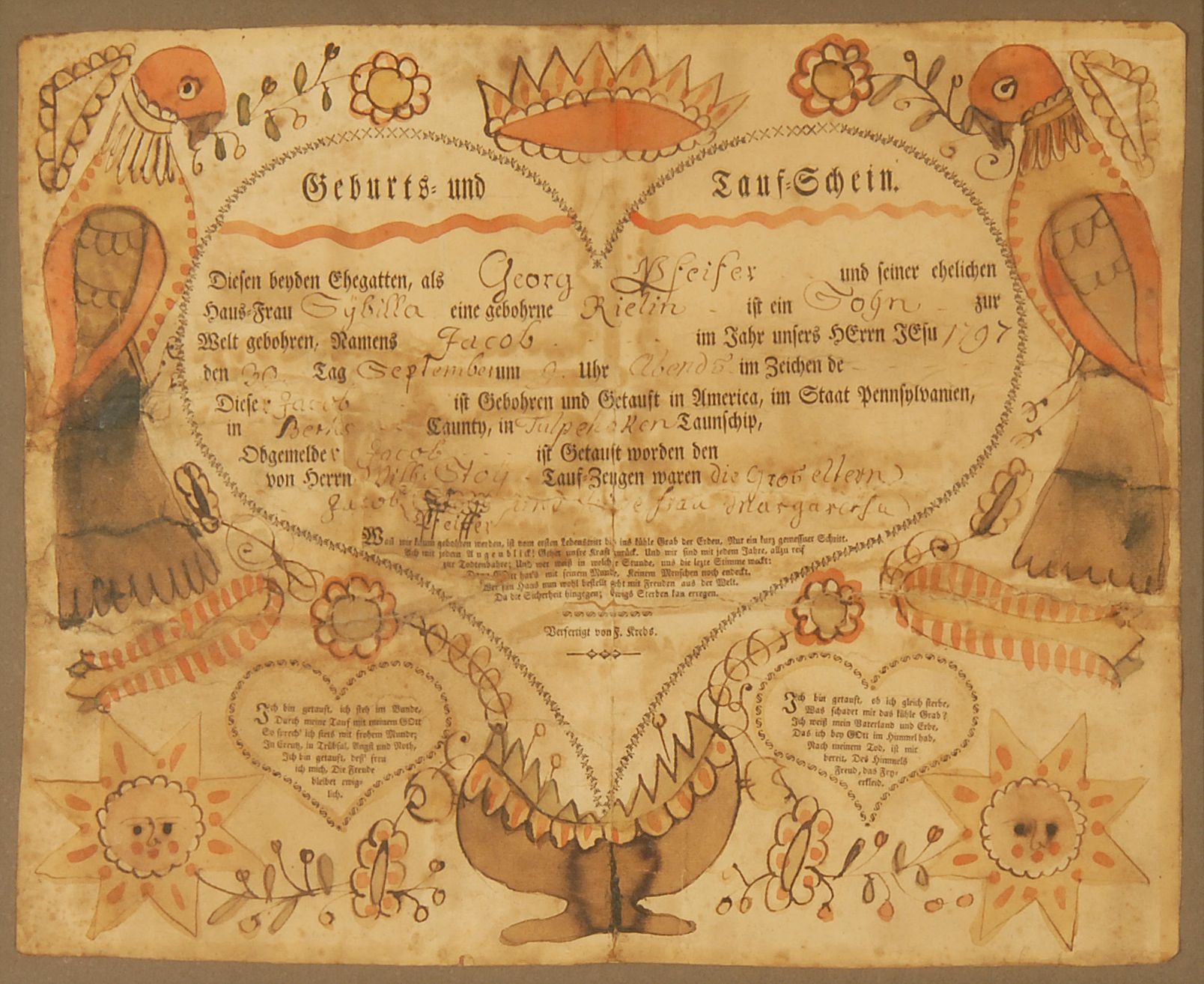 Appraisal: FRAMED PENNSYLVANIA FRAKTUR Late th CenturyBirth and Baptism certificate for