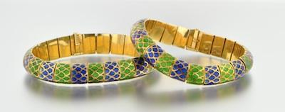 Appraisal: A Pair of Enamel k Gold Bracelets Flexible bangle construction