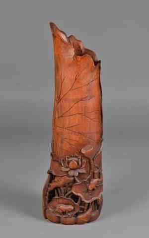 Appraisal: Chinese Carved Bamboo Open VaseCarved to depict frogs atop lotus