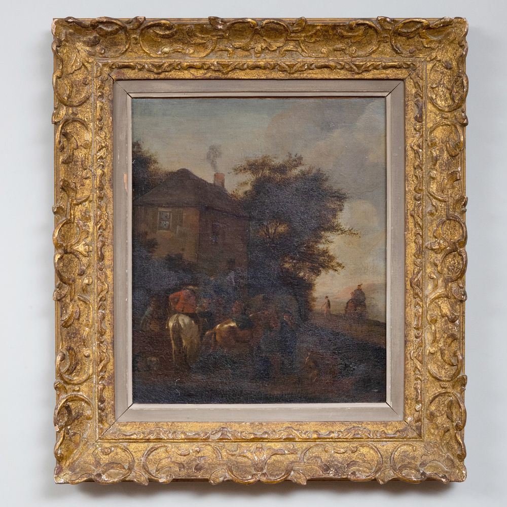 Appraisal: European School Farmyard Scene Oil on canvas unsigned lined x