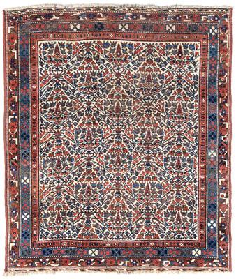 Appraisal: Afshar rug ivory central field with repeating tree designs blue