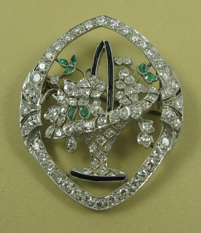 Appraisal: ESTATE DIAMOND EMERALD AND SAPPHIRE BROOCH K white gold c